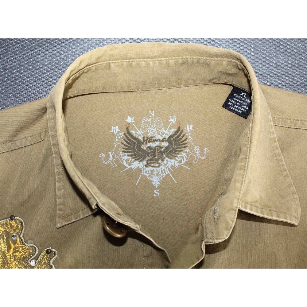 Hama Denim Y2K Military Embellished Button‎ Up Long Sleeve Shirt Mens Size XL - Picture 9 of 11
